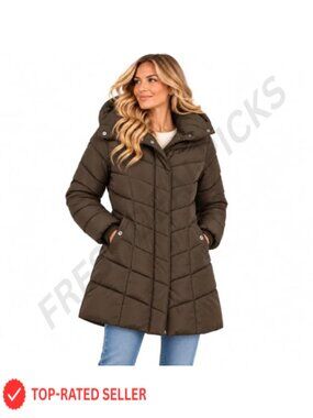 Long Quilted Puffer Parka Jacket Hooded Chevron Winter Coat